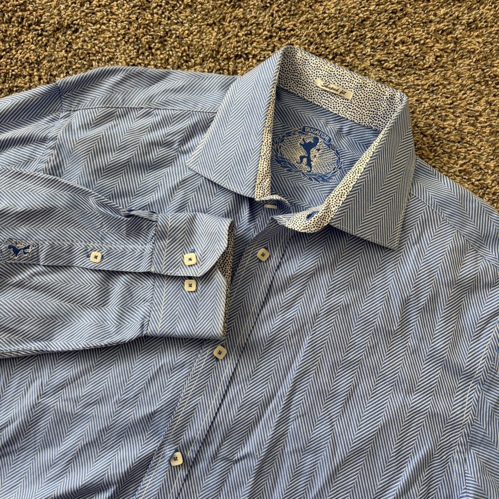 Bugatchi Blue Herringbone Dress Shirt – Long Sleeve Button-Up, Size Approx. M/L
